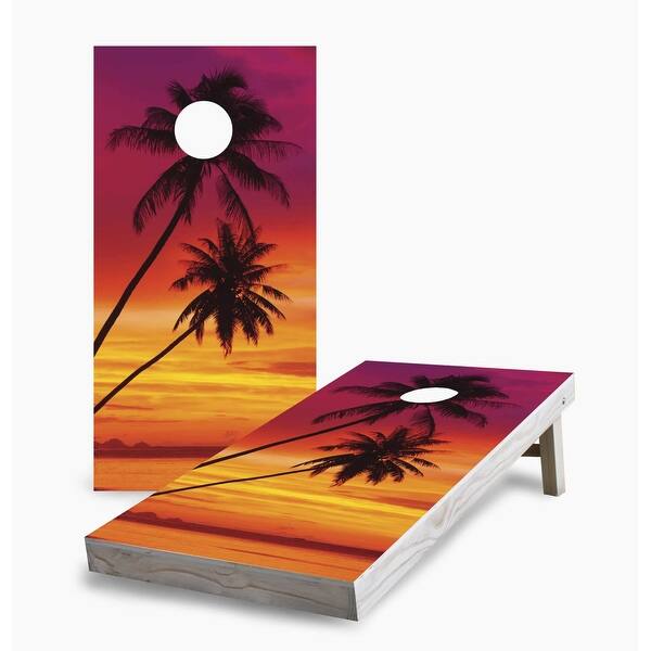 slide 2 of 7, Sunset Palm Tree Cornhole Game (Choose Wraps or Boards) 2x4 Boards (24" x 48") - Include ALL Accessories