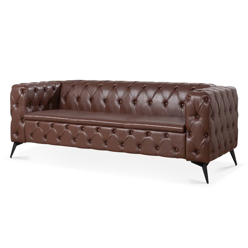 PU Leather Upholstered 3 Seater Sofa, Tufted Sofa with Removable Cushions & Square Arms, Lounge Sofa Chair with Iron Legs