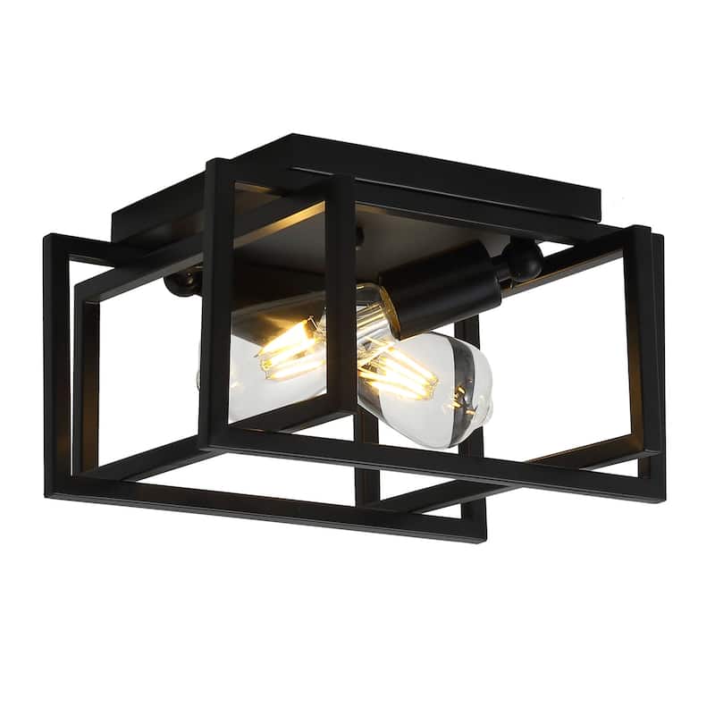 Industrial Black 2-Light Caged Shape Metal Ceiling Flush Mount