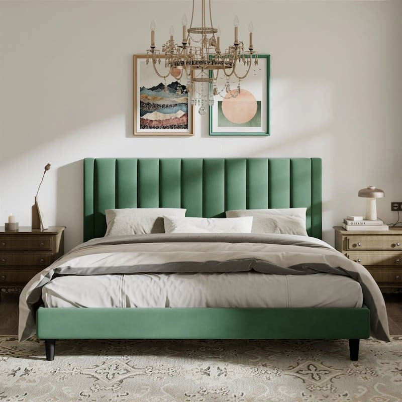 Velvet Upholstered Platform Bed Frame with Headboard - Green - King