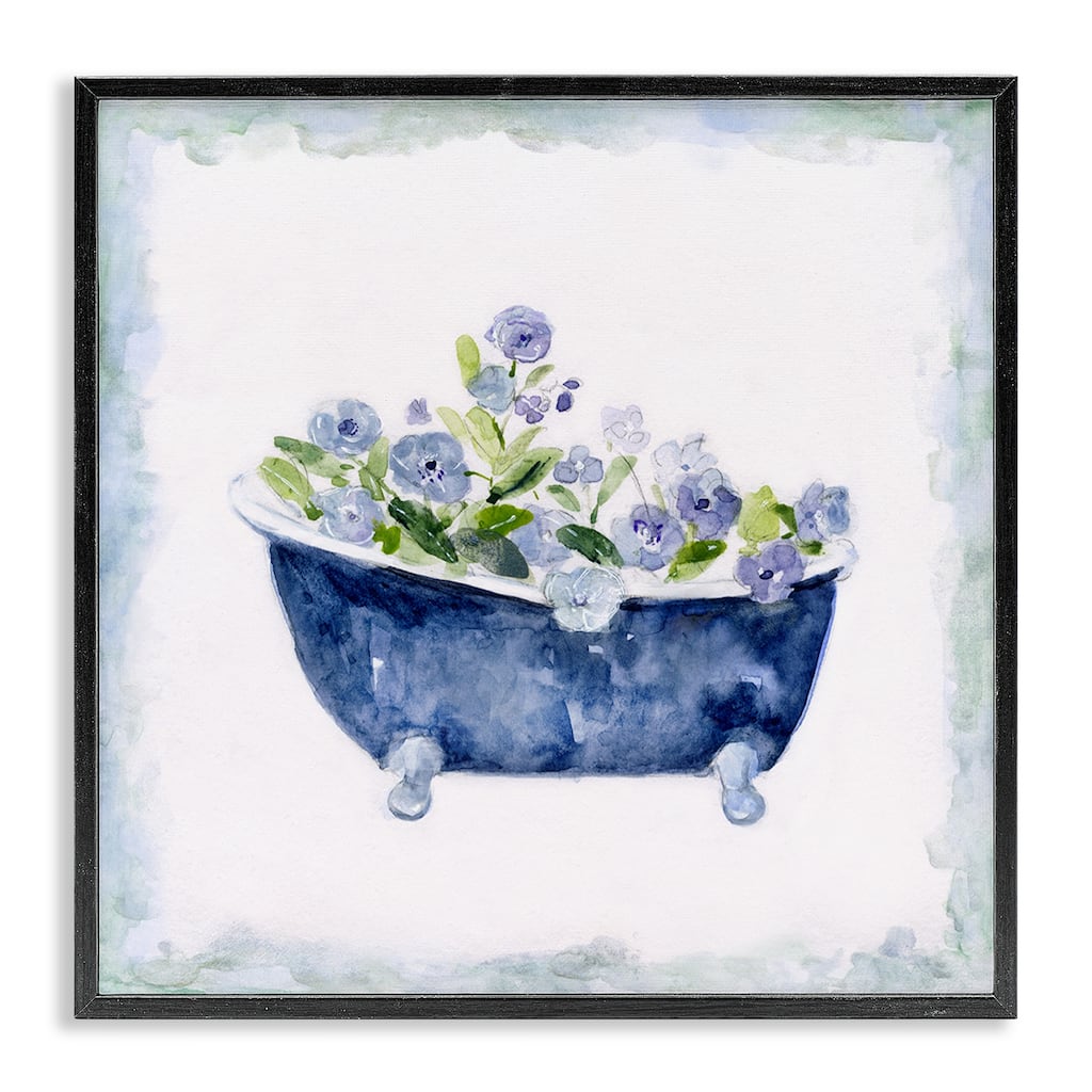 Stupell Charming Blue Bathtub Botanical Floral Design Watercolor Border Framed Wall Art - White