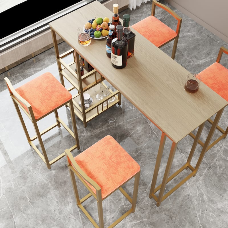 5-Piece Bar Table Set with 4 Gold Stools & Storage Shelf