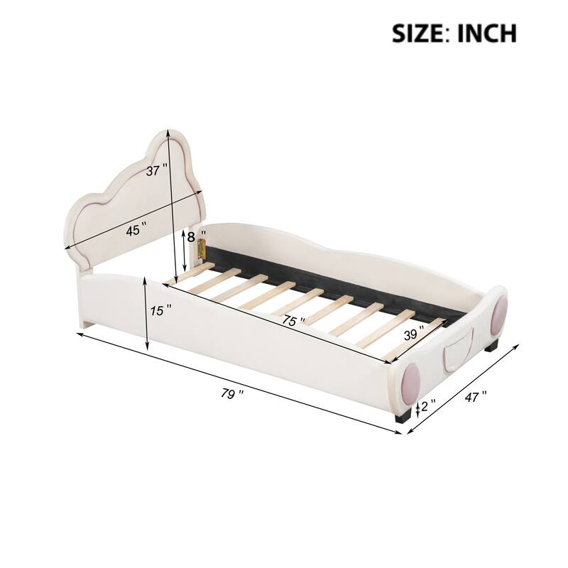 Velvet Upholstered Twin Platform Bed with Bear Headboard and Storage Pockets - Fun and Functional Bed for Kids, Easy Assembly