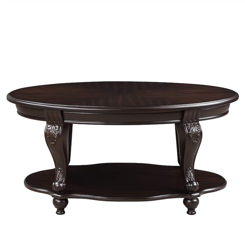 42 Inch Oval Wood Coffee Table with 2-Tier Open Shelf