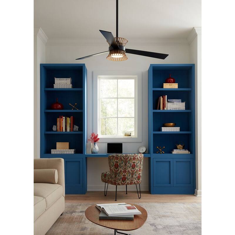 Bisbee Collection 55-in Three-Blade Matte Black Global Ceiling Fan with Rattan colored accent