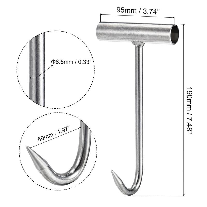 T-Handle Meat Boning Hook, Stainless Steel T Hooks for Kitchen - Silver Tone - 7.48" x 3.74" x 0.33"