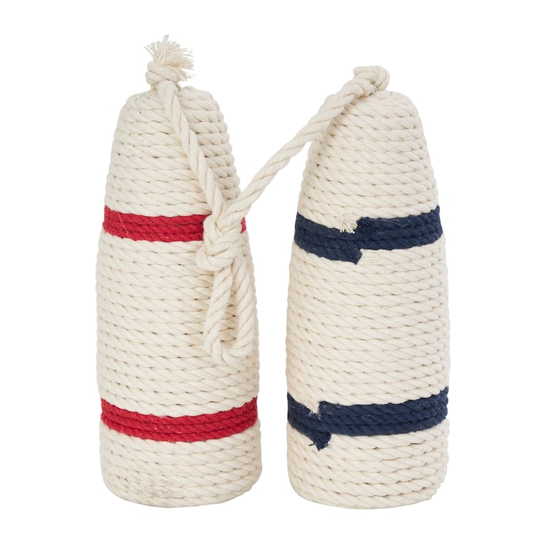 White or Brown Wood Handmade Coiled Striped Rope Buoy Sculpture with Joined Hanging Handle (Set of 2)