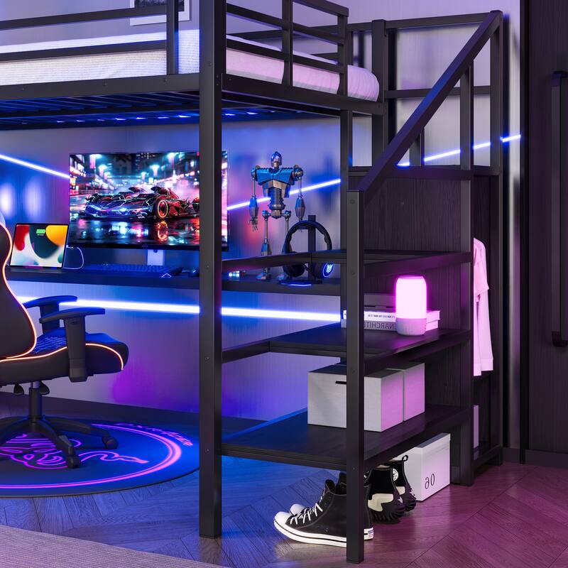 Twin XL/Full XL Metal Loft Bed with L-Shaped Desk, USB, LED Lights, Wardrobe & Storage Stairs for Kids/Teens/Adults