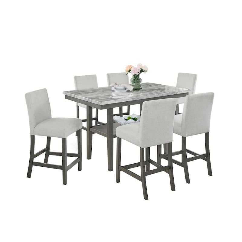 Selena 7-Piece 60" Gray Faux Marble Counter Height Dining Set with Storage Shelf & Light Gray Upholstered Chairs