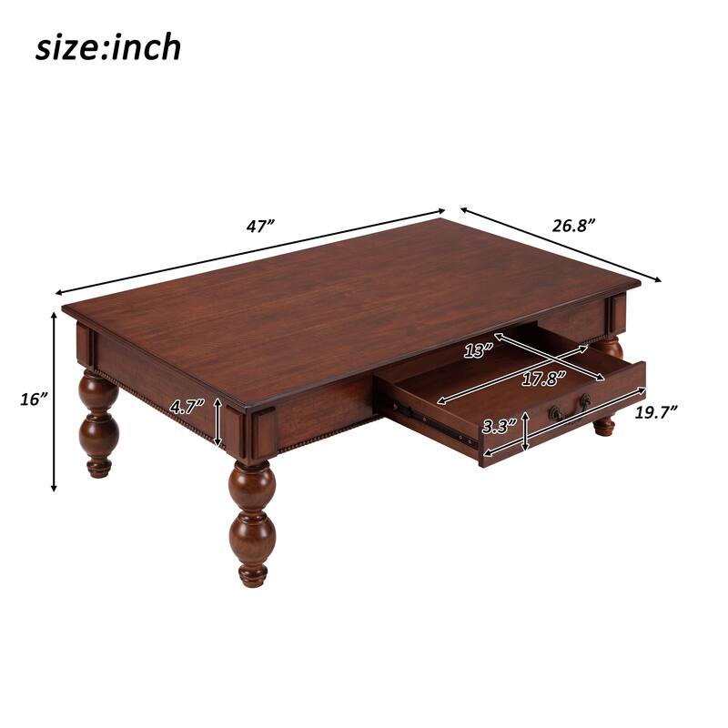 Solid Wood Table Sets of 3 with Coffee Table and 2 End Tables, Vintage Tables with Storage Drawers and Unique Gourd-Shaped Legs