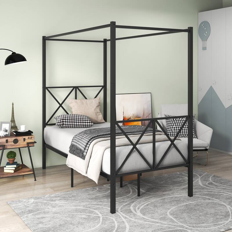 Black Metal Canopy Bed Frame with X Shaped Frame Bed Bath & Beyond