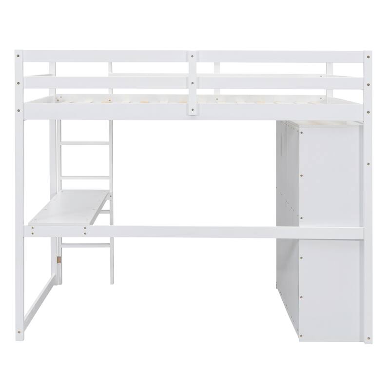 Full Size Loft Bed with Wardrobe, Desk, Storage Shelves, and Drawers in White