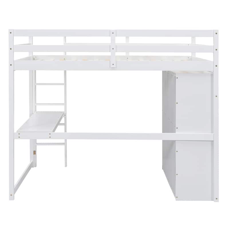 Wood Full Size Loft Bed with Built-in Wardrobe, Desk, Storage Shelves and Drawers, White
