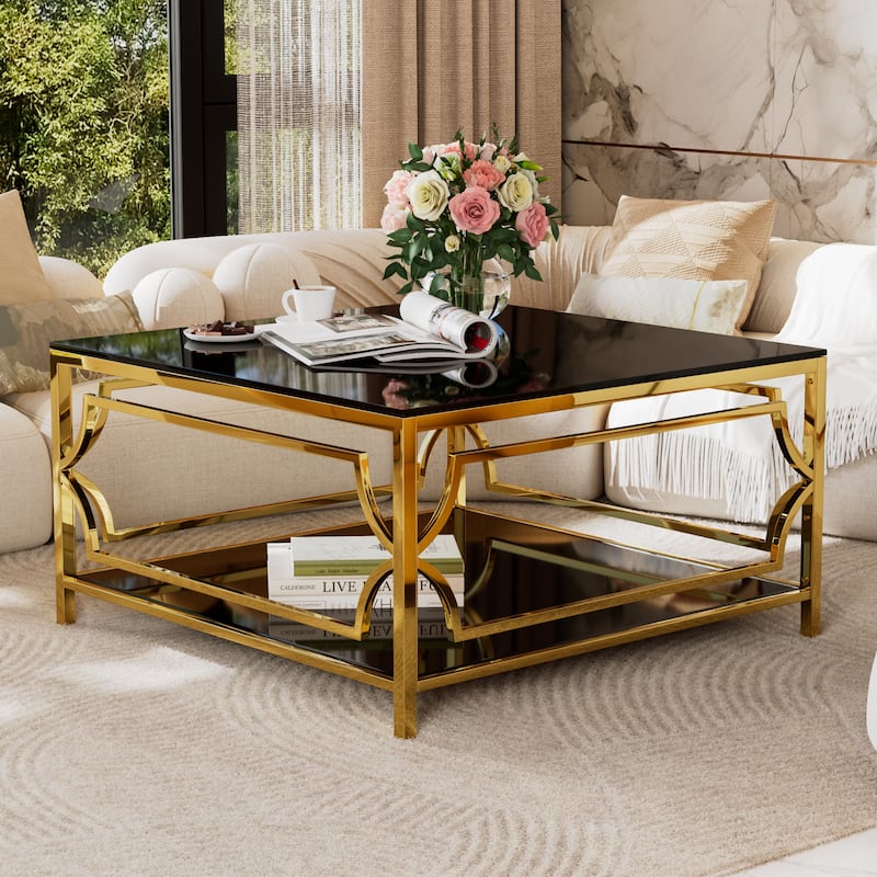 Luxe Square Glass Coffee Table with Geometric Gold Frame & Lower Display Shelf by Harper&Bright Designs