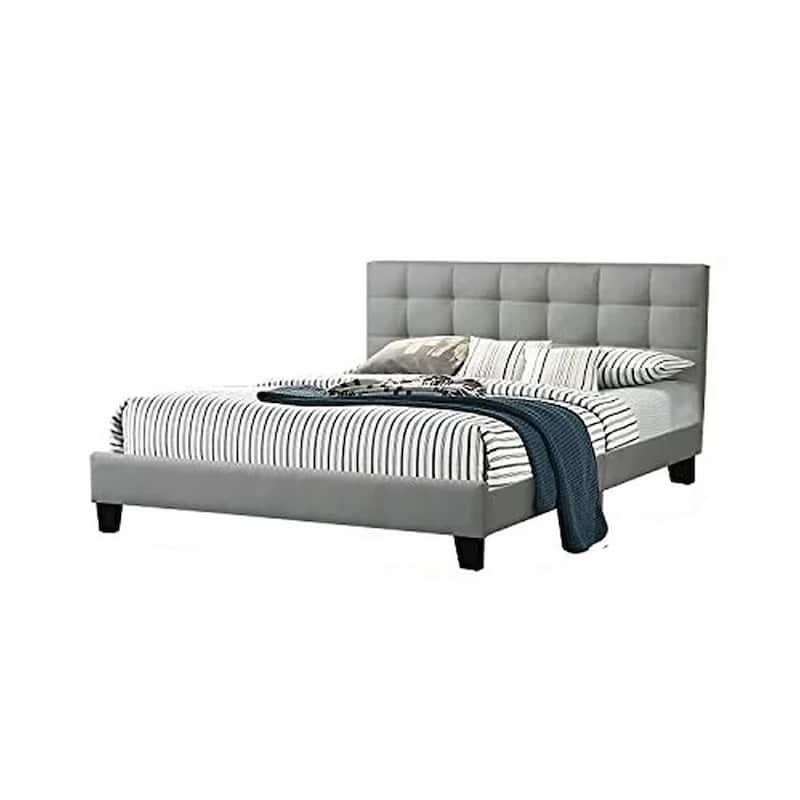 Dex Modern Platform King Size Bed, Plush Tufted Upholstery, Light Gray