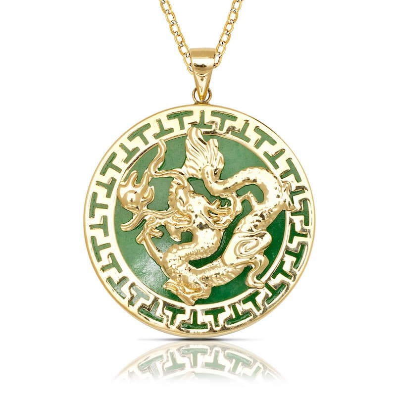 Curata 14k Yellow Gold 18-inch Jade Large Dragon Circle Pendant Necklace (26mm x 32mm) - Green Jade - Yellow