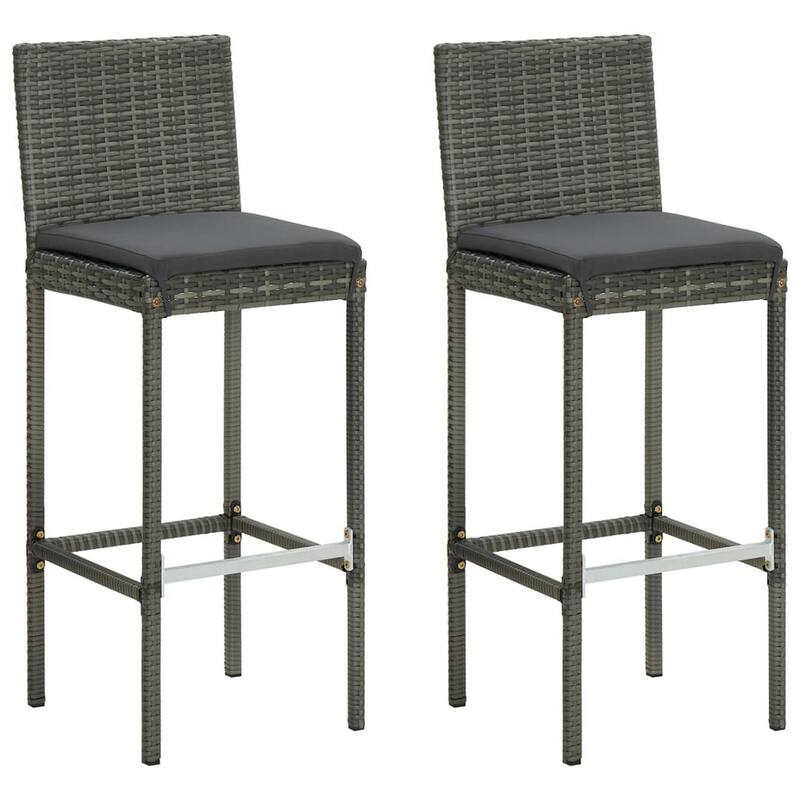 Outdoor Barstool Chair Set of 2, Gray Rattan, Black Fabric Cushions