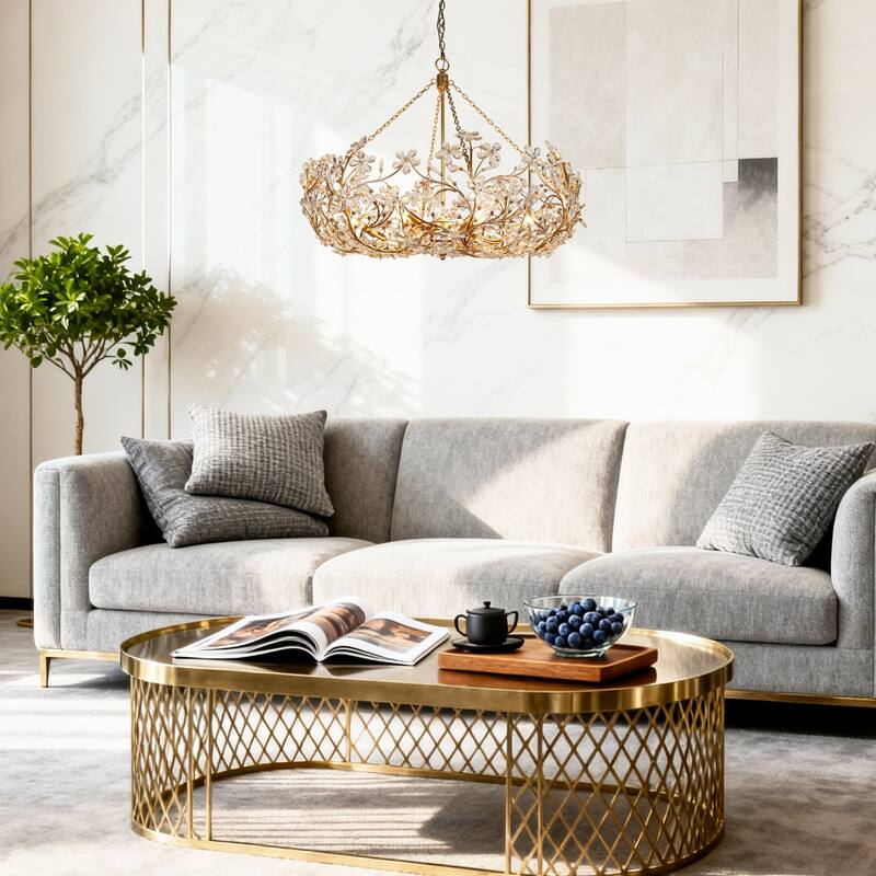 Luxury 12-Light Crystal Floral Chandelier Handcrafted Gold Foil Antique Statement Ceiling Light - Width 35" × Height 28.5"