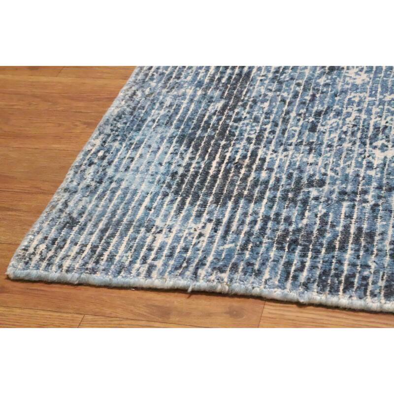 Hand Knotted Oriental Viscose Silk Carpet Modern Abstract Navy Blue & Blues Abstract Area Rug - 4' 0'' X 2' 0''