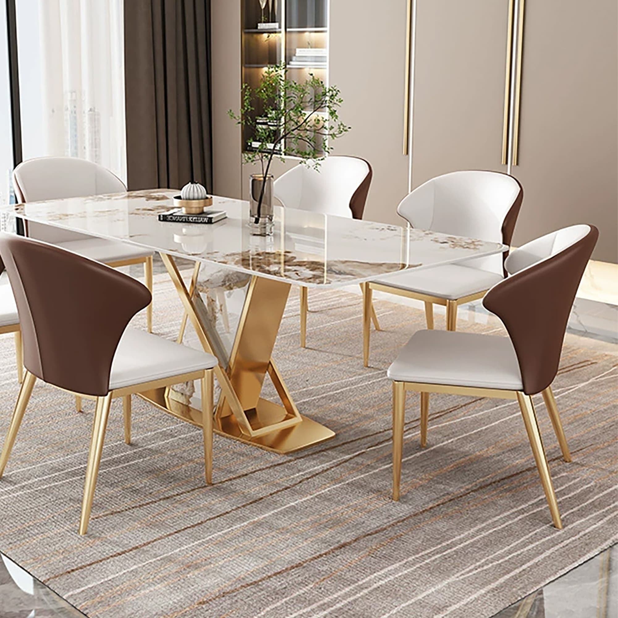 71" Rectangular Modern Dining Table, Glossy Stone tabletop, Luxury Kitchen Table for Dining Room, for 6