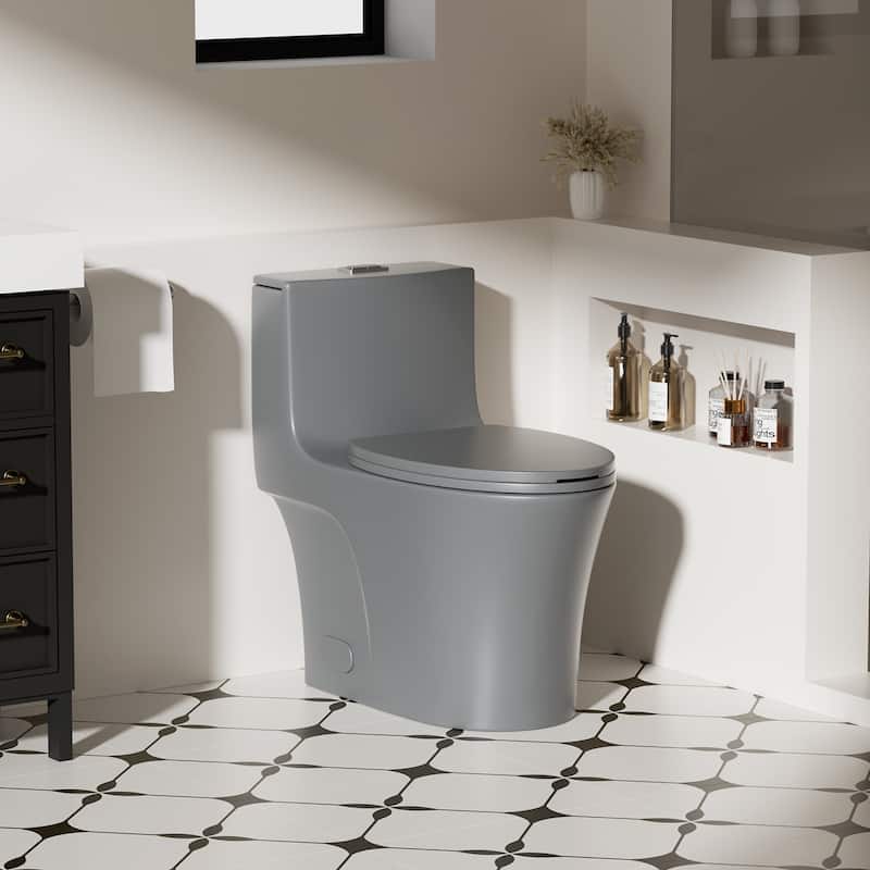 1.1/1.6 GPF Tornado Flush One-Piece Toilet Elongated,Soft Closing Seat, Button on Tank top,Chair Seat ADA Height 17" - LIGHT GREY
