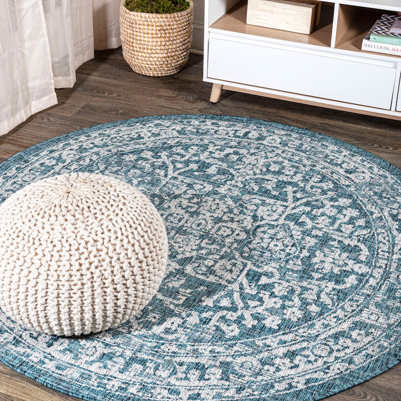 JONATHAN Y Medallion Textured Weave Indoor/Outdoor Area Rug - 8' Round - Teal/Gray