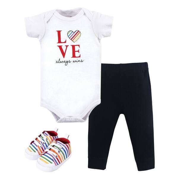 slide 1 of 1, Little Treasure Baby Cotton Bodysuit, Pant and Shoe 3pc Set, Love Always Wins 0-3 Months - Love Always Wins