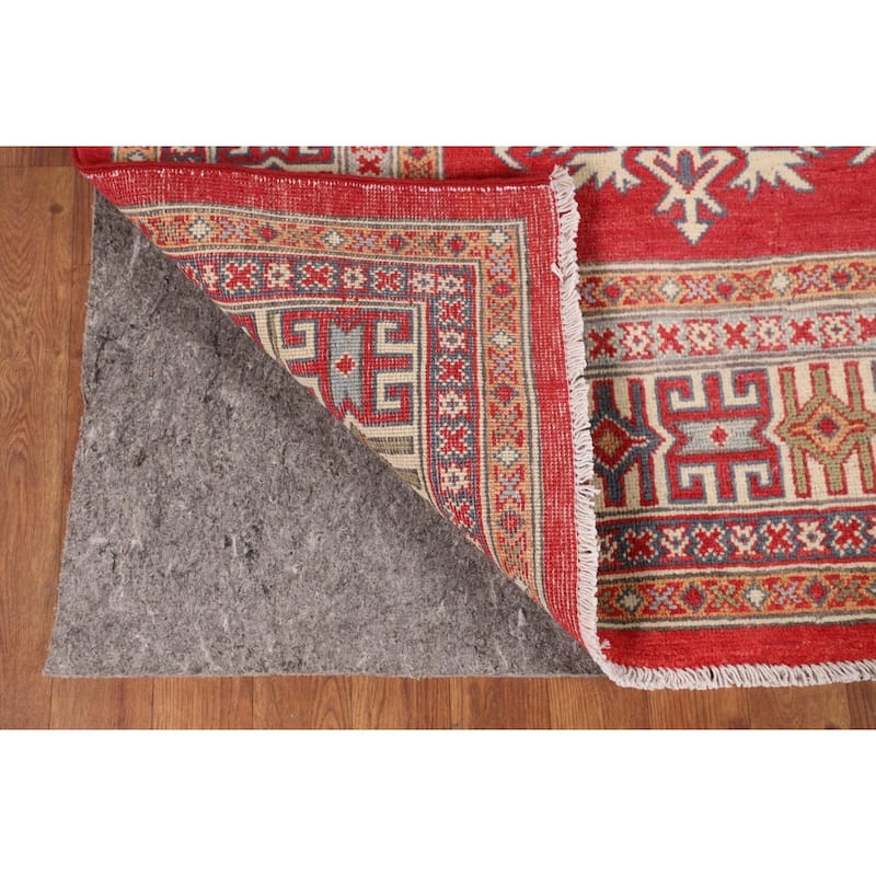 Oriental Red Geometric Kazak Area Rug Hand-Knotted Wool Carpet - 6'5" x 9'8"