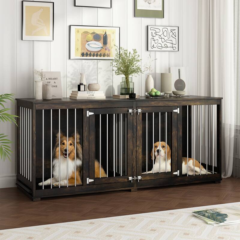 Large Dog Crate Furniture, 70" Dog Crate Kennel with Trays and Divider
