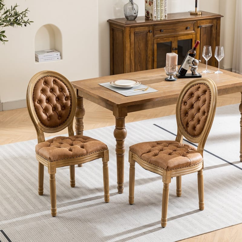 GDF Studio - French Traditional Wood PU Upholstered Dining Chairs with Tufted Back & Nailhead Trim, Set of 2