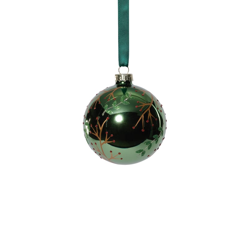 Shiny Green Metallic Glass Ball Ornaments with Gold Leaf & Twig Design, Set of 6, 3.25"