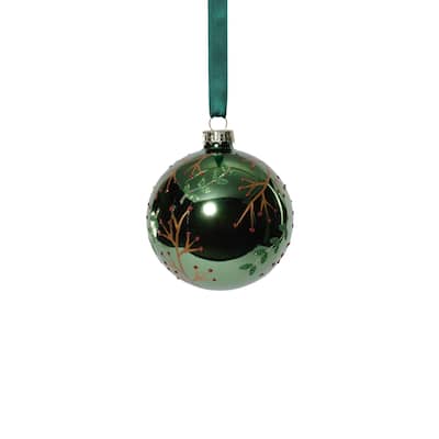 Shiny Green Metallic Glass Ball Ornaments with Gold Leaf & Twig Design, Set of 6, 3.25"
