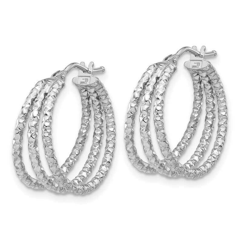 Curata 14k White Gold Polished and Textured Three Row Hoop Post Earrings - 19.45x18.7mm