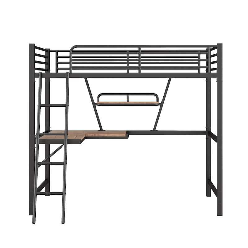 Twin/Full Size Loftbed Frame with Ladder and Guardrail, Versatile Metal and MDF Loft Bed with Built In Desk and Storage Shelf