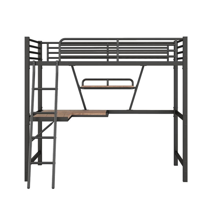 Twin Size Loft Bed with Desk and Shelf, Metal & MDF Frame, Black