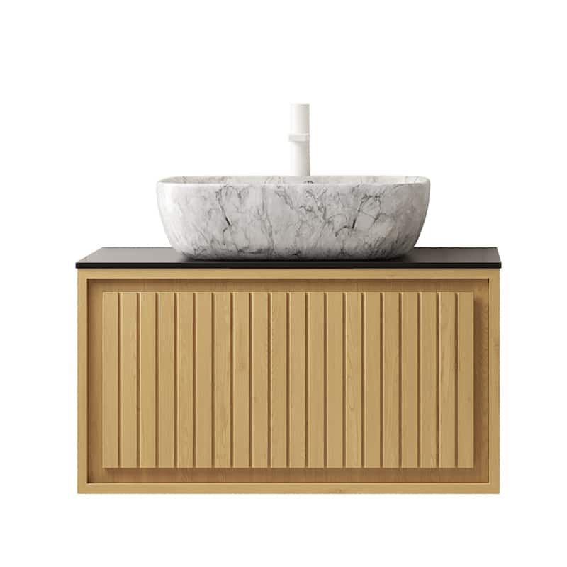 GDFStudio - Kolas Modern 30" Floating Bathroom Vanity, Corolla Oak Finish & Black Sintered Stone Countertop, WITHOUT Faucet