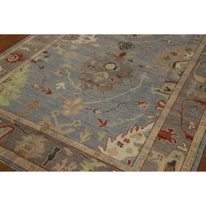 Hand Knotted Oriental 100% Wool Carpet Transitional Floral Navy Blue & Blues Oushak Area Rug - 8' 6'' X 6' 0''