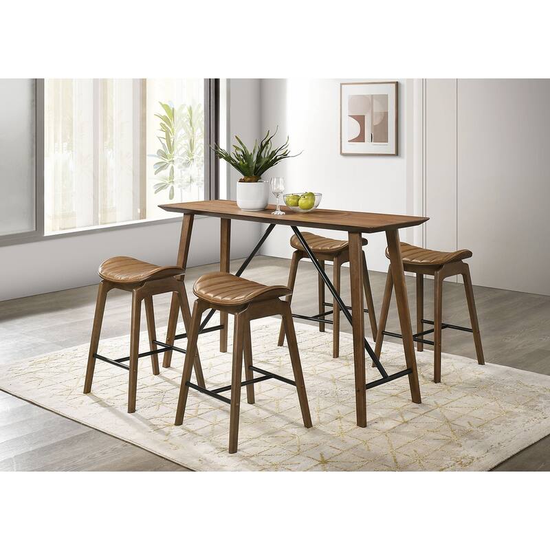 Modern Walnut Finish 5PC Saddle Seat Stools and Table Dining Set - 5-Piece Set