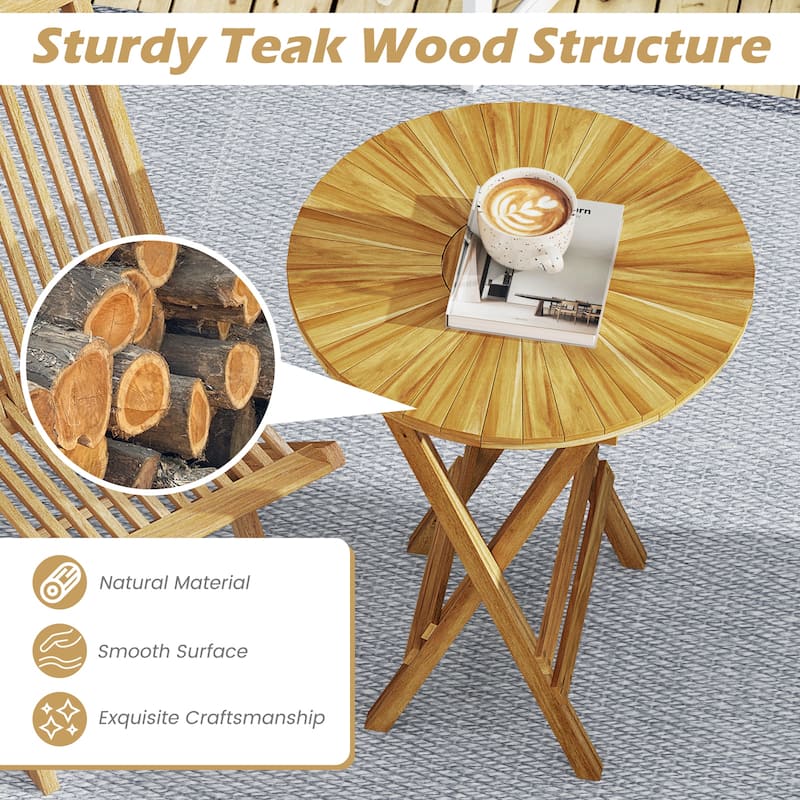 Gymax Patio Folding Side Table 23.5'' Teak Wood Round End Table Fully