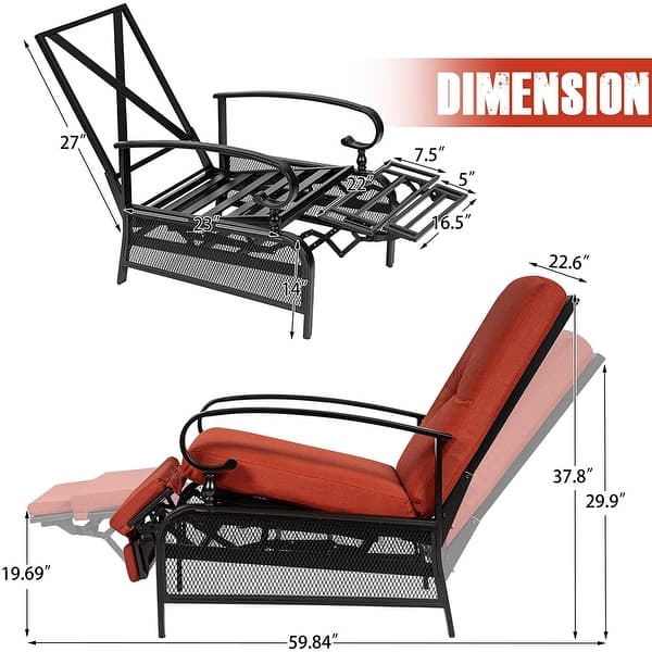dimension image slide 3 of 6, Outdoor Cushioned Chaise Lounge Adjustable Patio Reclining Lounge Chair, Recliner Lounge Chair & Bistro Table Set