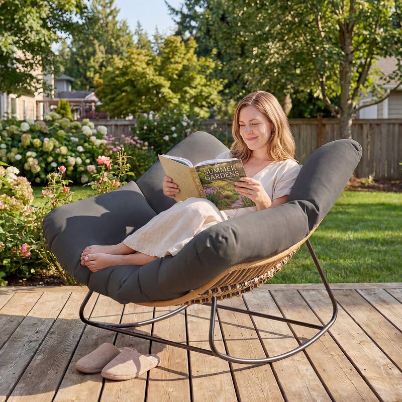 Outsunny Papasan Rocking Chair, Wicker Oversized Indoor Outdoor Rocking Chair with Cushion - Dark Gray