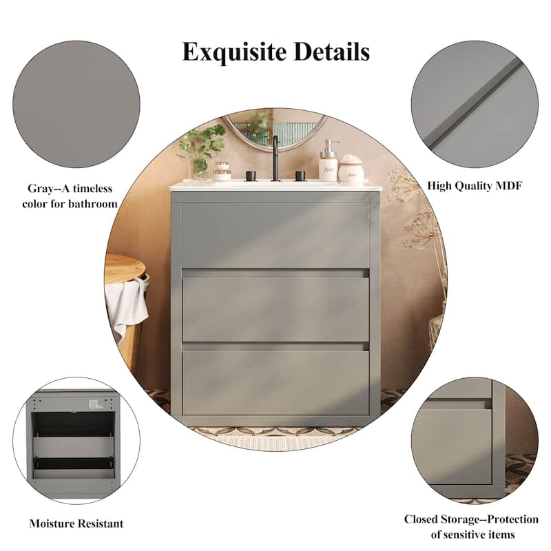 30" Freestanding Bathroom Vanity with Ceramic Sink, 2 Soft Close Drawers, Beveled Handleless Design