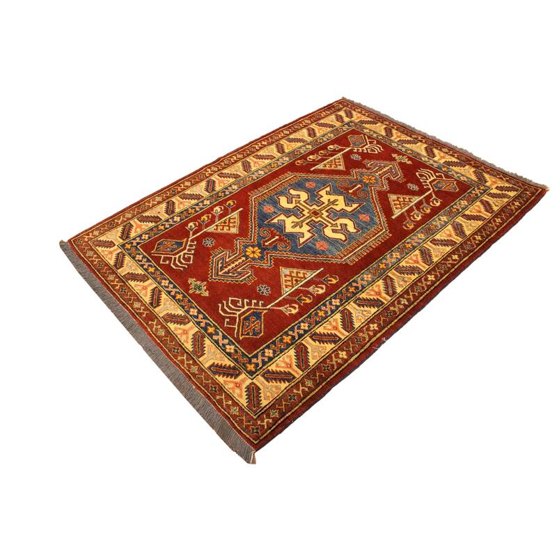 Caucasian Super Kazak Jaxon Rust/Tan Hand Knotted Wool Rug - 4'0'' x 5'5''