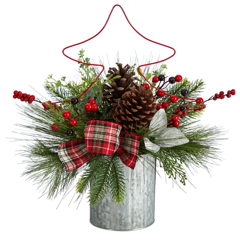 17" Pinecone and Berries Artificial Christmas Arrangement with Decorative Metal Vase and Wrired Red Christmas Tree - 17