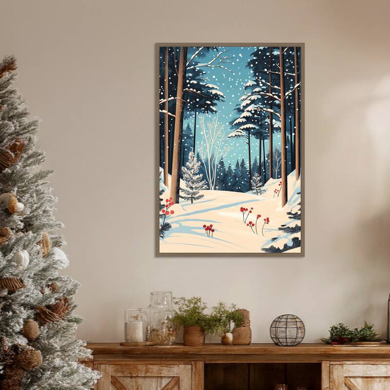 Christmas Snowy forest by Pictufy Studio Framed Canvas Wall Art Print - Sylvie Dark Gold