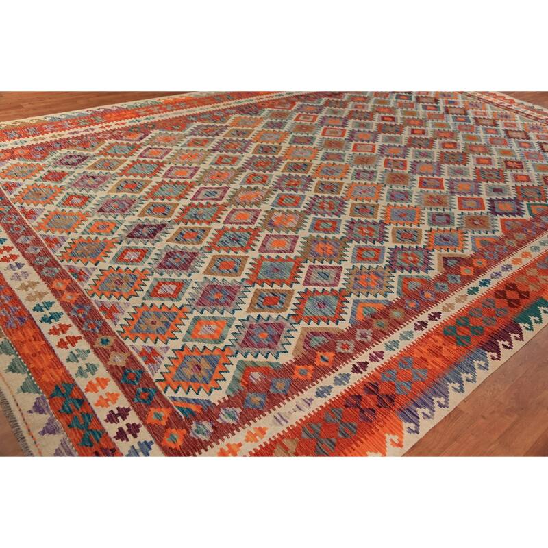 Geometric Kilim Oriental Large Rug Bedroom Hand-Woven Wool Carpet - 9'11"x 16'2"