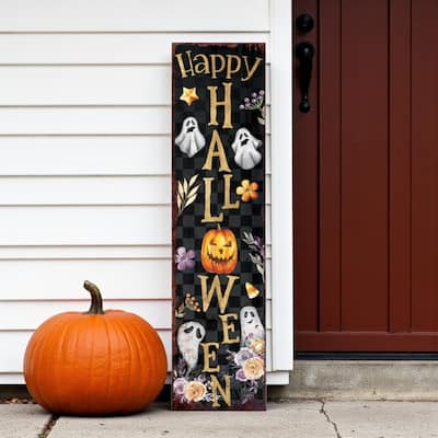 HomeRoots 36" Black Gold Orange And Purple Solid Wood Happy Halloween Ghost Porch Sign