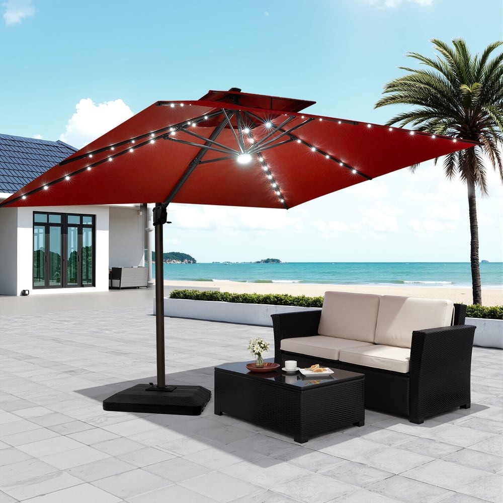 Pellebant 9x11FT Outdoor Dual Top Cantilever Patio Umbrella LED Light with Premium Base Stand