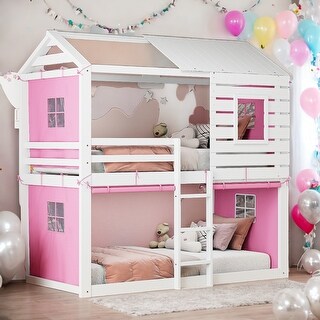 Elegant Playhouse Design Twin Size Bunk Wood House Bed with Tent