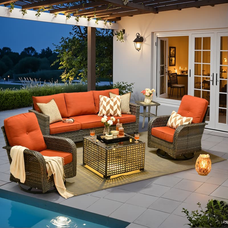XIZZI Outdoor Patio Furniture Grey Wicker Conversation Seating Set - 5-Piece - Red/Orange